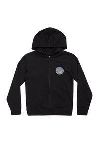 Černá mikina s kapucí na zip, s přední kapsou a barevným kruhovým grafickým motivem na levé straně hrudi. Vyrobena z měkké bavlněné látky.