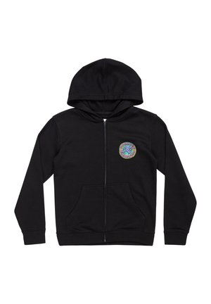 Black zip-up hoodie with a front pocket, hood, and a colorful circular graphic on the left chest. Made from soft cotton material.