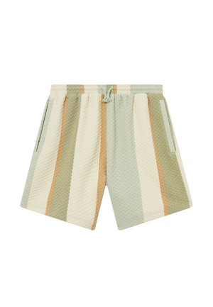 Korte gebreide shorts met verticale, getextureerde strepen in crème, saliegroen en tan, voorzien van zijzakken en een taille met trekkoord.