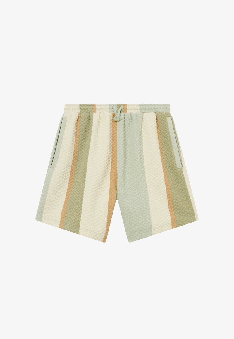 Shorts tricotés courts avec rayures texturées verticales en crème, vert sauge et beige, dotés de poches latérales et d'une taille avec cordon de serrage.