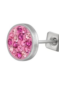 Orecchino a bottone in argento con design rotondo, decorato con cristalli rosa e rosa chiaro su uno sfondo rosa, dotato di un retro in metallo liscio.