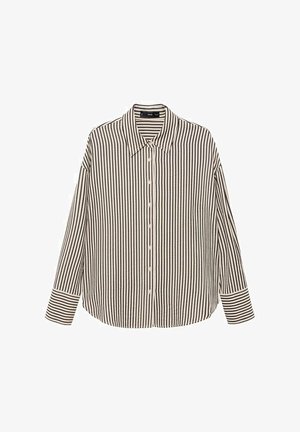 Črtasta srajca z gumbi v kremni in črni barvi, z ovratnikom, dolgimi rokavi in sproščenim krojem s ravnim robom.