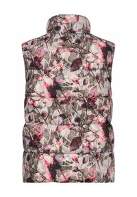 Polstret vest med et blomstermønster i nuancer af pink, grå og brun. Høj krave og sidelommer med en quiltet tekstur.