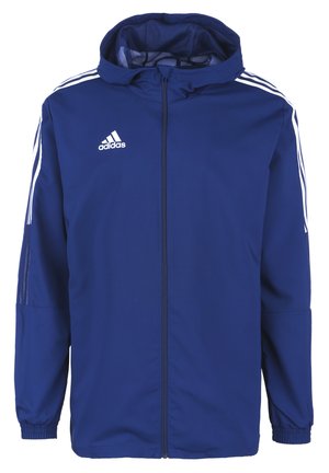 Blue zip-up jacket made of lightweight fabric, featuring a hood, white three-stripe accents on sleeves, and an Adidas logo on the chest.