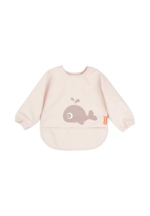 Bavaglino a maniche lunghe in tessuto rosa chiaro con polsini elastici, decorato con una grafica di una balena grigia e dotato di tasca frontale per una pulizia facile.