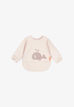 Portikla od mekog ružičastog platna s dugim rukavima i elastičnim manšetama, s grafikom sive kita i prednjim džepom za jednostavno čišćenje.