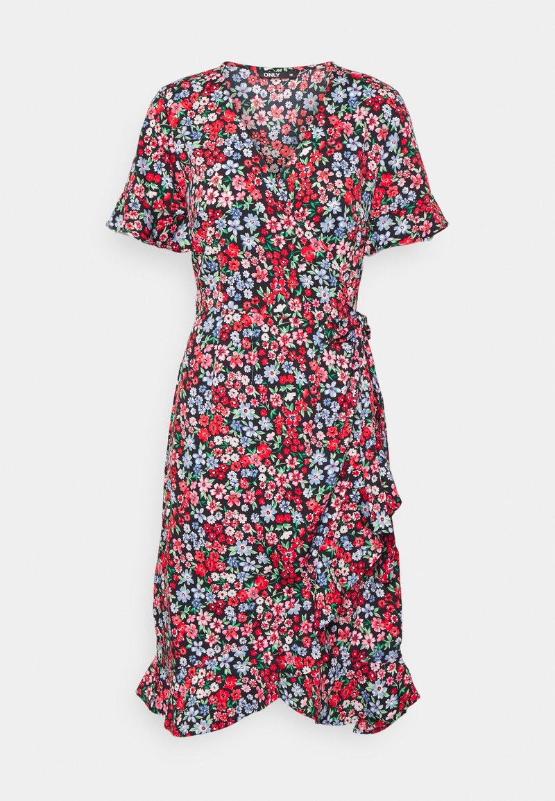 Robe portefeuille fleurie avec manches courtes, ourlet à volants et mélange de fleurs rouges, roses, bleues et blanches sur fond noir.