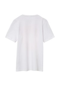 Weißen Baumwoll-T-Shirt mit kurzen Ärmeln, Rundhalsausschnitt und schlichten Design. Glatte Textur ohne sichtbare Grafiken oder Muster.