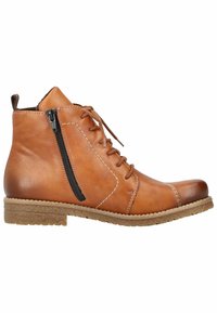 Bottines en cuir marron avec un bout arrondi, présentant une fermeture éclair sur le côté, des accents cousus et une semelle en caoutchouc texturée.