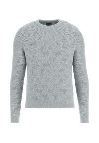 Pull léger gris clair avec un motif texturé tissé, col rond et manches longues, fabriqué à partir d'un tissu tricoté doux.