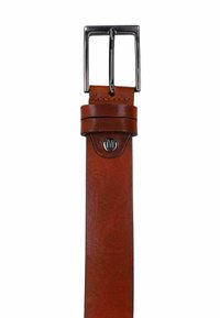 Brauner Leder-Gürtel mit glatter Textur, ausgestattet mit einer silbernen Metallschnalle und einem runden Markenakzent nahe der Schnalle.