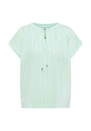 Blouse vert clair à manches courtes avec rayures blanches verticales, col rond, ouverture goutte d'eau devant et détail lien à nouer.