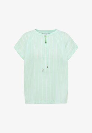 Lichtgroene blouse met korte mouwen met verticale witte strepen, ronde hals, keyhole vooropening en trekkoorddetail.