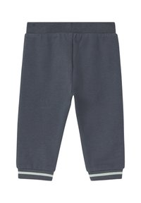 Grijze sweatpants van zacht materiaal, met een elastische tailleband en boorden, versierd met contrasterende lichtblauwe strepen aan de onderkant.