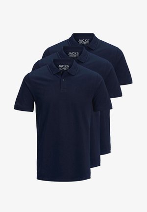 Dunkelmarineblaue Polohemden mit einem kragenlosen Design, kurzen Ärmeln und einer Knopfleiste; umfasst drei Teile.
