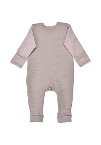 Tutina di un morbido rosa chiaro con un motivo a esagoni sul corpo e maniche a pois. Polsini a costine e design del collo rotondo, tessuto morbido.