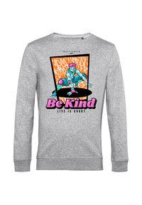Felpa grigia con grafica di una figura accovacciata dalla pelle blu e capelli rosa, sfondo di graffiti arancioni e testo "Sii gentile, la vita è breve."