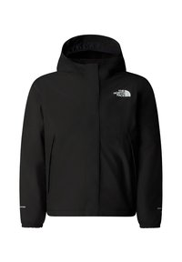 Veste noire imperméable avec capuche, présentant un logo argenté sur la poitrine, des poches zippées et des poignets élastiqués. Texture lisse.