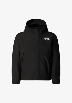 Chaqueta impermeable negra con capucha, con un logo plateado en el pecho, bolsillos con cremallera y puños elásticos. Textura suave.