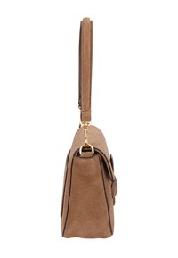 Brown suede handbag with a single strap, rectangular shape, gold hardware accents, and contrasting trim along the edges.