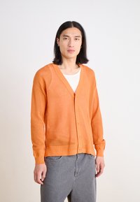 Oranger offener Strickcardigan mit V-Ausschnitt, langen Ärmeln und Knopfverschluss. Über einem weißen Hemd getragen, kombiniert mit grauen Hosen.
