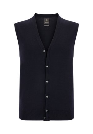Navy ärmellose Strickweste aus weichem Strickstoff mit tiefem V-Ausschnitt und sechs Knöpfen, mit geripptem Saum und klassischer Passform.
