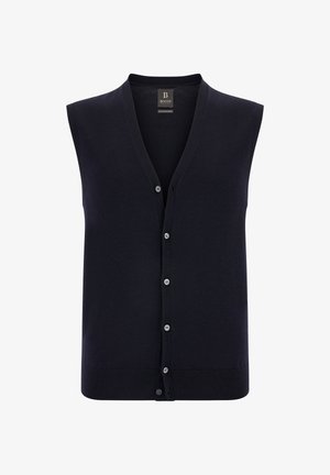 Navy ärmellose Strickweste aus weichem Strickstoff mit tiefem V-Ausschnitt und sechs Knöpfen, mit geripptem Saum und klassischer Passform.