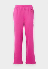 Rosa fleece joggebukser med elastisk midje, rett benpassform og subtil tekstdetalj på øvre høyre lår.