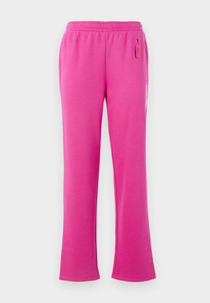 Rosa Fleece-Sweatpants mit elastischem Bund, geradem Schnitt und subtilen Textdetails am oberen rechten Oberschenkel.