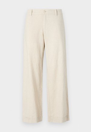 Pantalones de lino beige, diseño de pierna ancha, cierre frontal con botón, parte frontal plana, dos bolsillos laterales, textura ligera, dobladillo limpio.