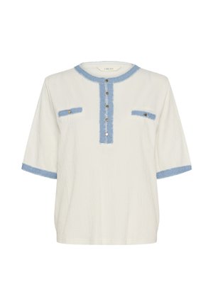 Balta īss piedurkņu blūze ar zilu apdari apkaklē, aprocēs, krūšu kabatās un pogu lentē ar zelta pogām.