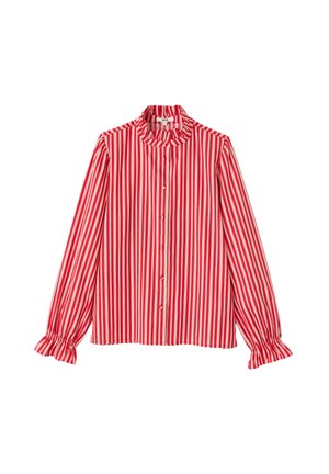 Blouse à manches longues rayée rouge et blanche avec col à volants et fermeture boutonnée. Poignets froncés aux manches. Tissu léger.