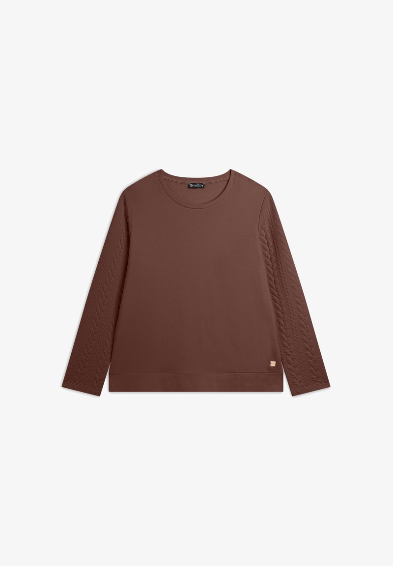 Top marrone a maniche lunghe con un corpo liscio e un motivo a trecce testo su maniche. Collo a girocollo ribbed e discreto dettaglio con logo.