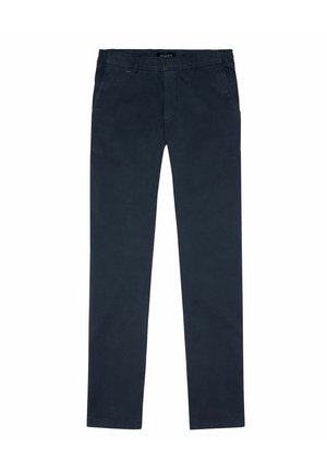 Pantalons droits bleu marine foncé en coton doux. Dotés d'une taille élastique et d'un design minimaliste. Pas de motifs visibles ni de quincaillerie.
