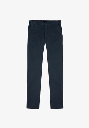 Pantalons droits bleu marine foncé en coton doux. Dotés d'une taille élastique et d'un design minimaliste. Pas de motifs visibles ni de quincaillerie.
