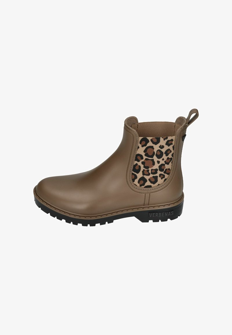 Brown, rubber ankle boot with a leopard print elastic side panel and gray-black sole. Features a pull tab for easy wear. Brand: Verbenas.