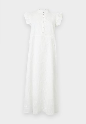 Λευκό φόρεμα μήκους μέχρι τον αστράγαλο με κοντά μανίκια με βολάν, ψηλό γιακά, εμπρόσθια σειρά κουμπιών και διακριτικό κεντητό ανθικό μοτίβο.