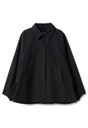 Veste noire mi-longue avec col à boutons, fermeture avant dissimulée, manches longues et deux poches latérales verticales.