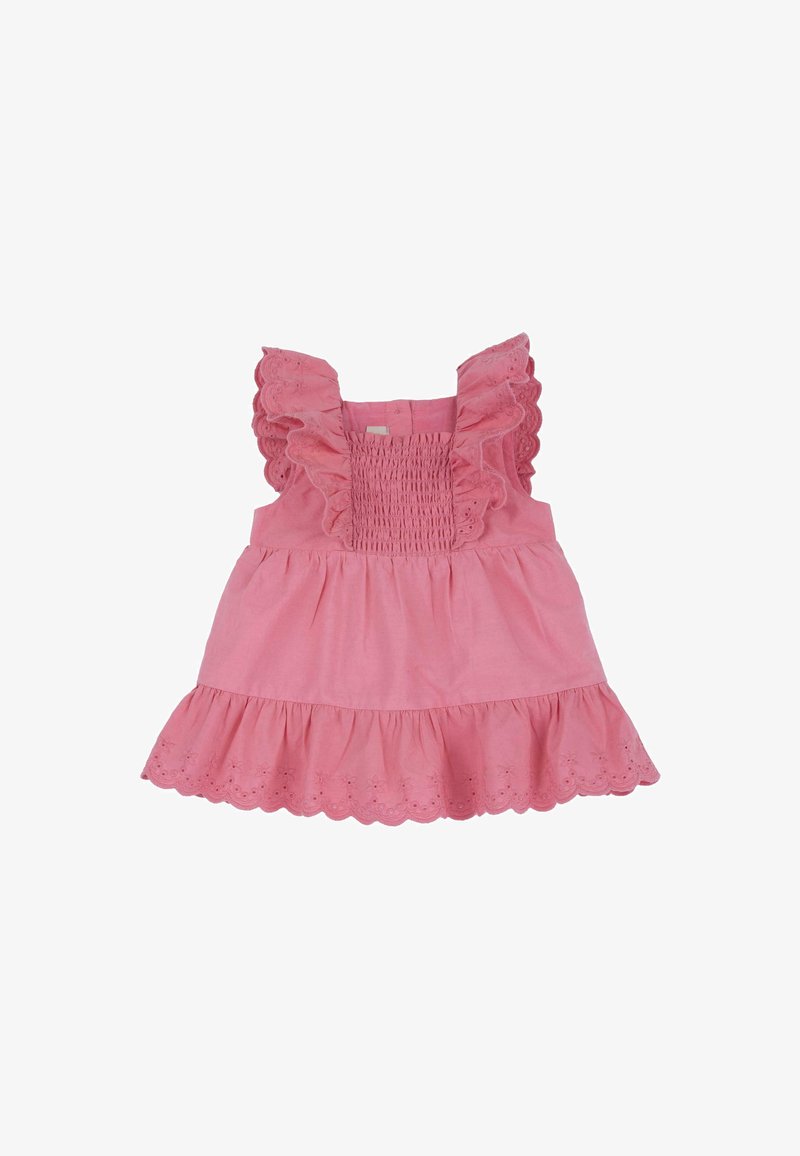 Robe en coton rose avec des manches à volants, un corsage smocké et une jupe évasée. L'ourlet présente des détails festonnés avec des motifs à oeillets.