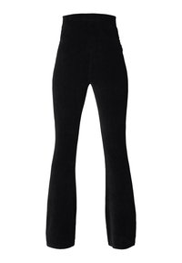 Pantalons évasés en velours côtelé noir avec une taille haute, présentant une texture douce et un fini lisse, conçus pour une silhouette ajustée.