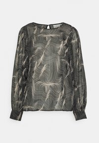 Blusa de mangas longas em preto e creme com um padrão de ondas espiraladas, decote redondo e detalhe de abertura nas costas. Tecido leve e transparente.