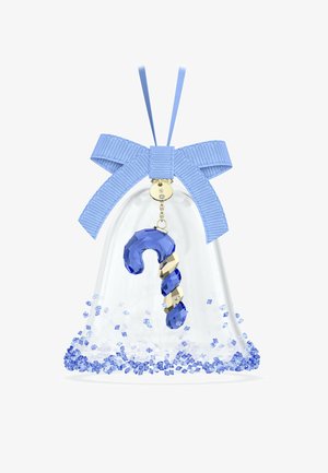 Klart glasbjällra med ett ljusblått band, med en design av en blå och guldfärgad polkagris och blå kristalldetaljer vid basen.