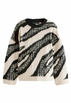 Pulover supradimensionat în crem și negru, cu un model de dungi zebra. Confecționat dintr-un material moale, texturat, cu manșete și tiv cu nervuri.
