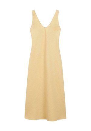 Sleeveless beige midi dress with a deep V-neckline, fitted at the waist and flowing gently towards the hem.