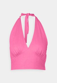 Top cropped rosa de alças com tecido suave. Apresenta um decote em V profundo, detalhes franzidos e laços no pescoço para um ajuste ajustável.