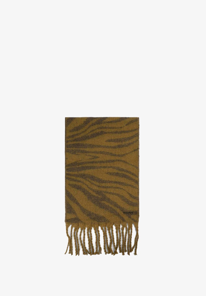 Bufanda de lana marrón con un patrón de rayas de tigre en marrón oscuro, con bordes desflecados en la parte inferior. Forma rectangular, textura suave.