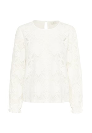 Balta garu piedurkņu blūze ar sarežģītām mežģīņu rakstiem un apaļu izgriezumu, ar savilktām piedurknēm un atslēgas caurumu aizmugurē.