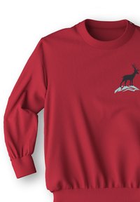 Felpa rossa con polsini e orlo a costine. Presenta una grafica di un cervo nero su un design montano sul petto. Realizzata in tessuto morbido.