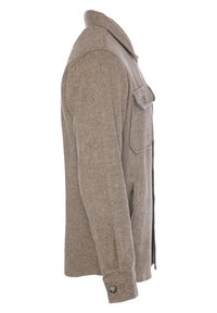 Bruine jas met visgraatpatroon, featuring een kraag, knoopmanchetten en twee voorkruiszakken, met een relaxed fit.