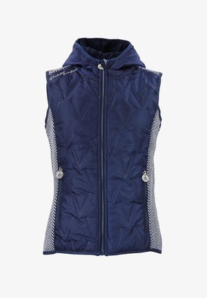 Chaleco aislante azul marino con cierre frontal de cremallera, capucha y paneles laterales estampados. Presenta un textura de acolchado en diamante y acentos de logo.